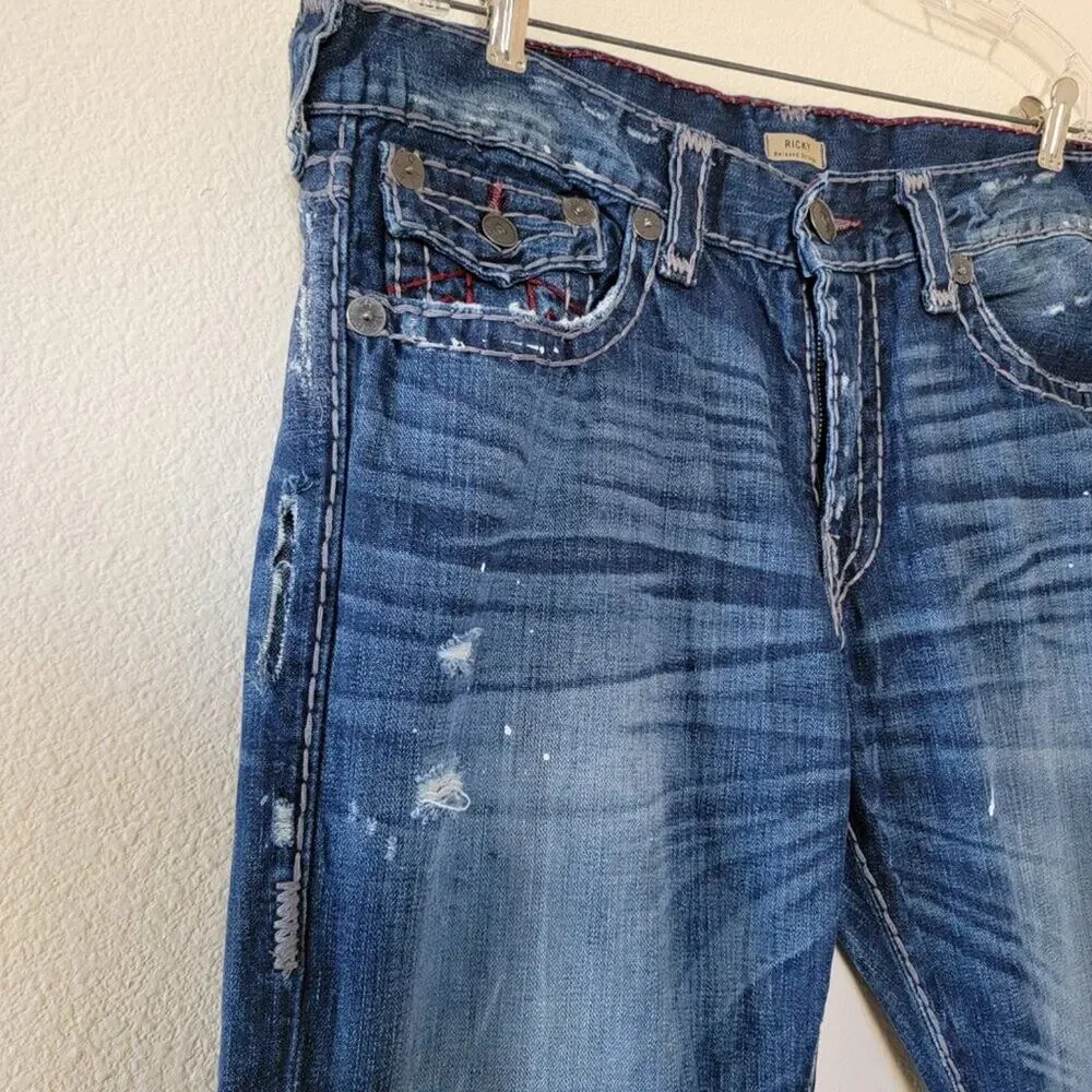 True Religion Ricky Relaxed Straight Leg Jeans Blue Distressed Men Size 38x34